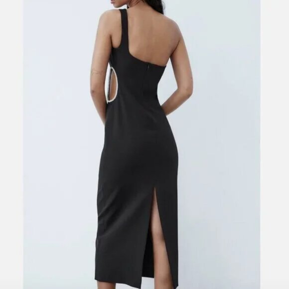 Zara One Shoulder Rhinestone Side Cutout Midi Dress Black Size Small - Picture 5 of 9